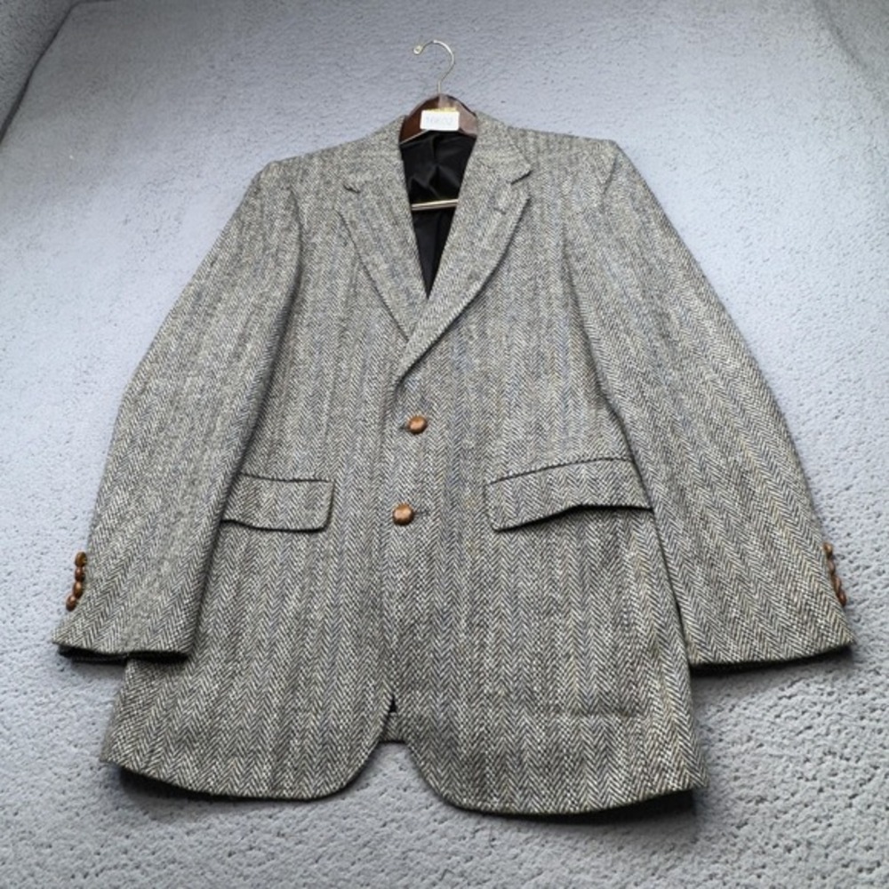 Vintage Harris Tweed Sport Coat‎ Mens 38L Gray Wool Blazer Jacket USA Academia